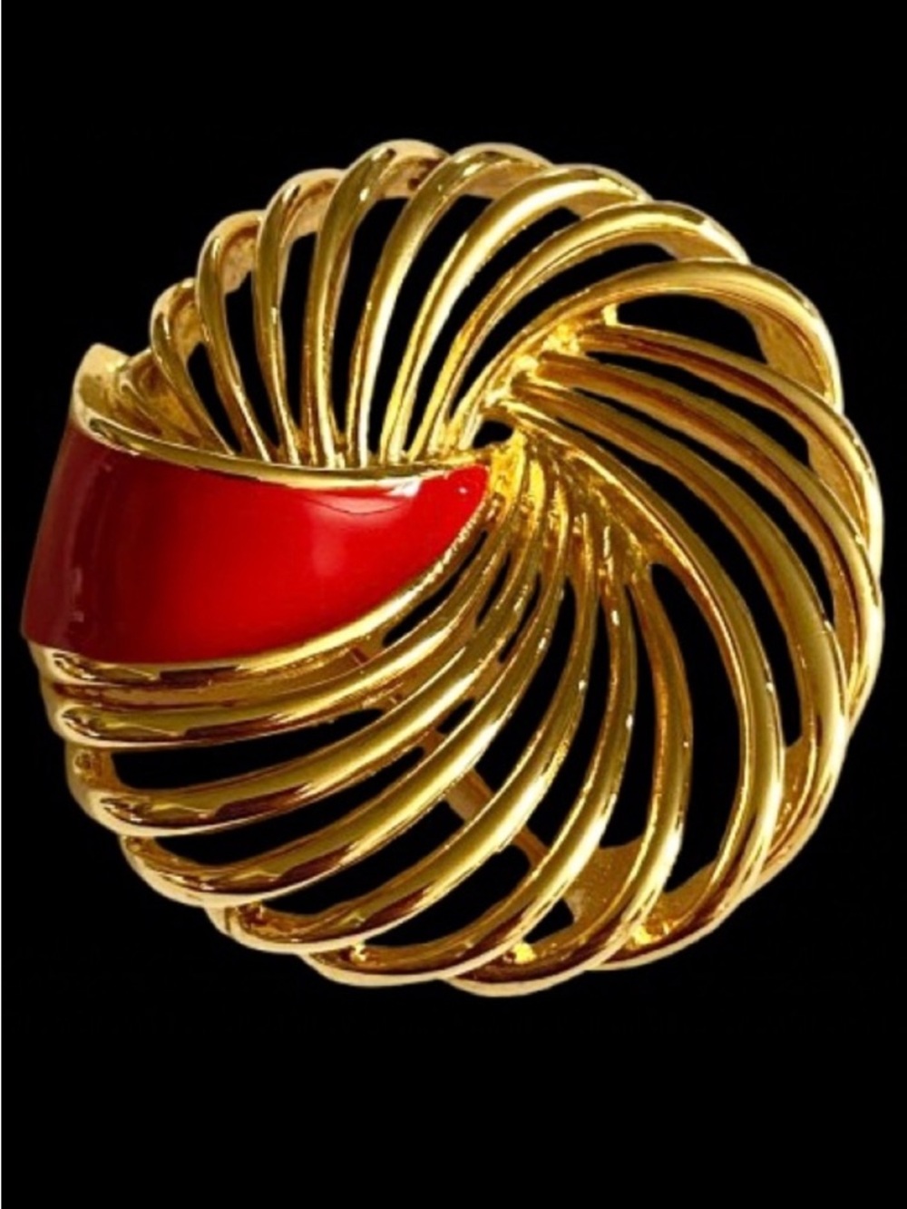 Vintage Gold Metal & Red Enamel Swirl Brooch Mid-Century Modern Design